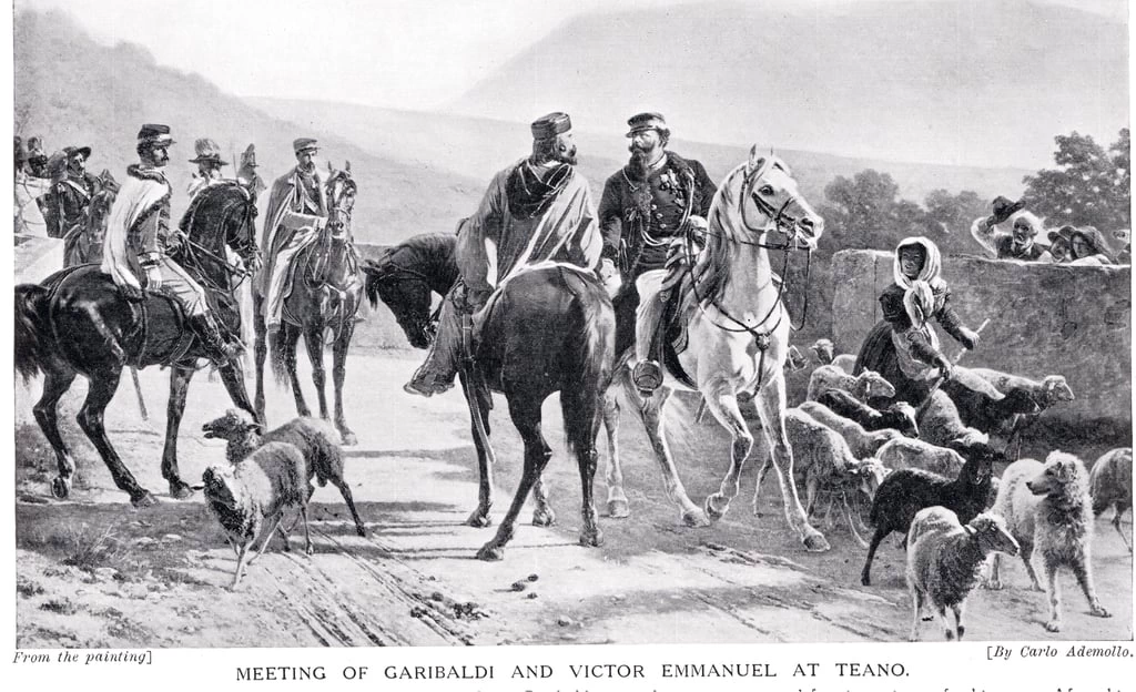 Incontro di Garibaldi e Vittorio Emanuele a Teano, illustrazione tratta da Hutchinson&39;s History of the Nations